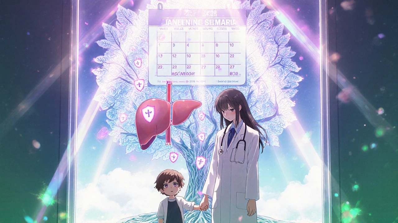A child and doctor stand under a calendar-tree with blood test roots and virus-free leaves in warm anime light.
