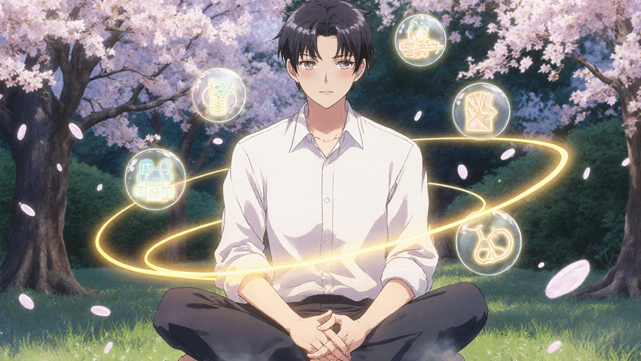 A man practicing natural techniques in a garden with magical symbols of non-pill alternatives surrounding him.