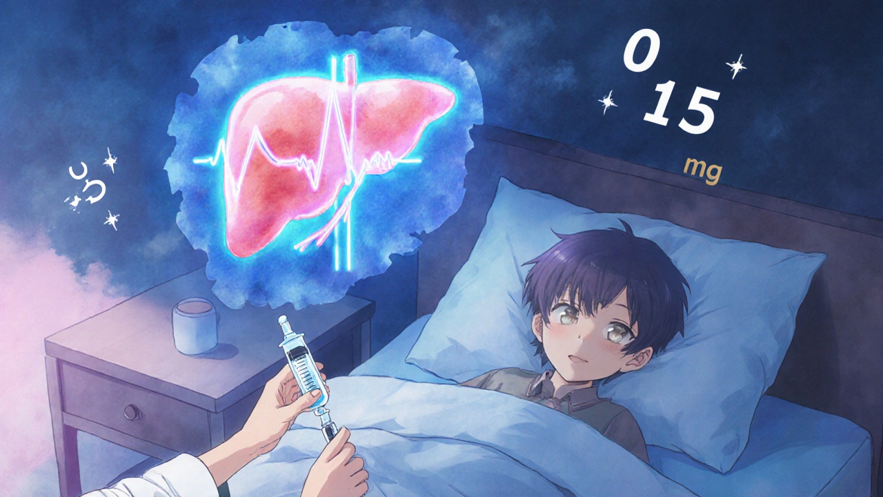 A parent measures medicine with a syringe as a glowing, beating liver hovers above a sleeping child.