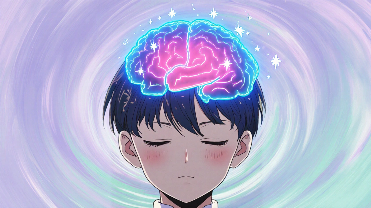 Anime‑style brain glowing with dopamine and oxytocin symbols beside a meditating figure.