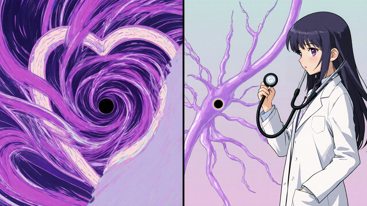 Atrial fibrillation shown as swirling ribbons forming a clot moving toward a brain artery.