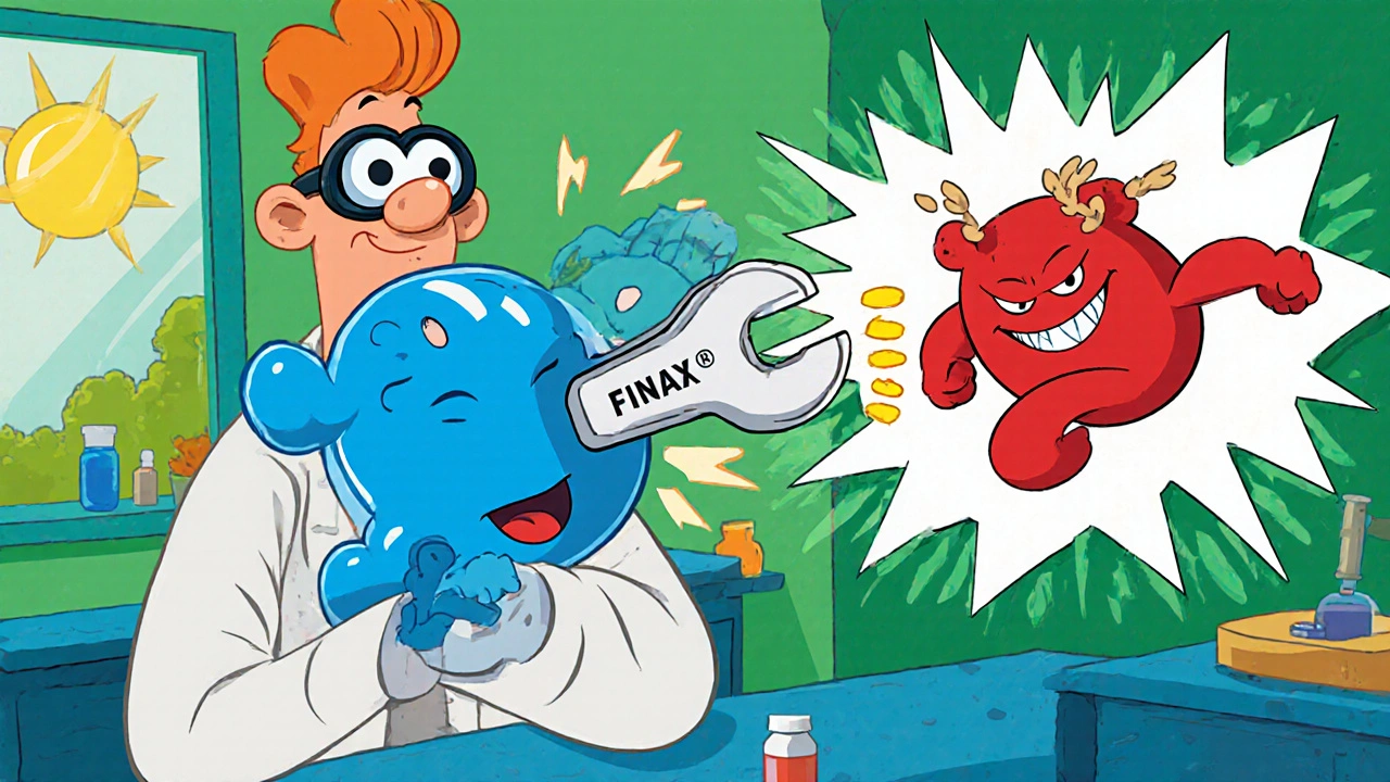 Cartoon lab shows a pill blocking the conversion of testosterone to DHT.