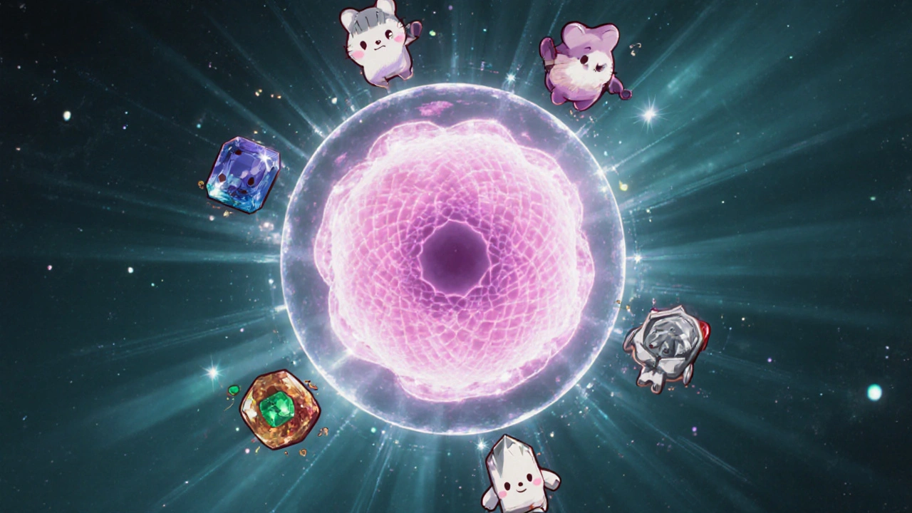 Close‑up of a glowing mitochondrion surrounded by six colorful gemstone‑like antioxidant icons.