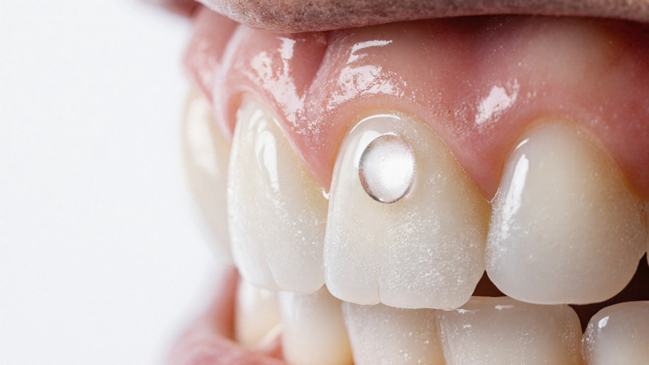 Close-up of front teeth showing eroded, flattened incisal edges.
