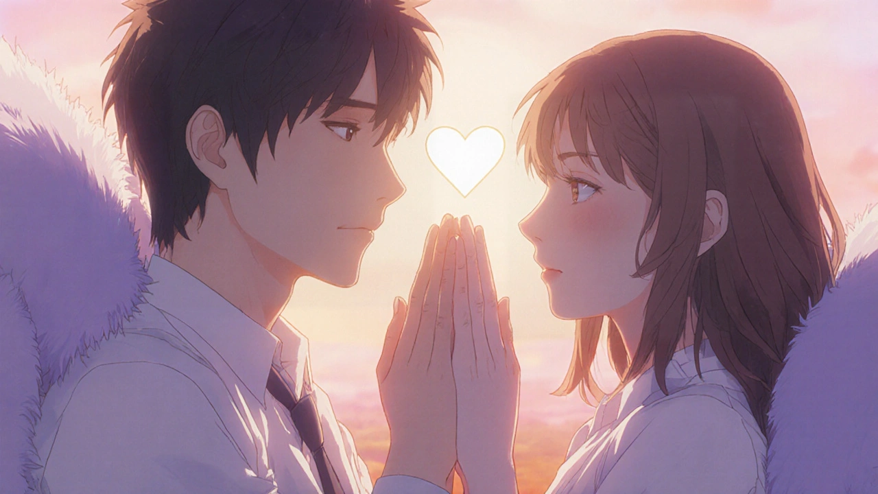 Couple breathing together, surrounded by soft pastel glow, showing connection.