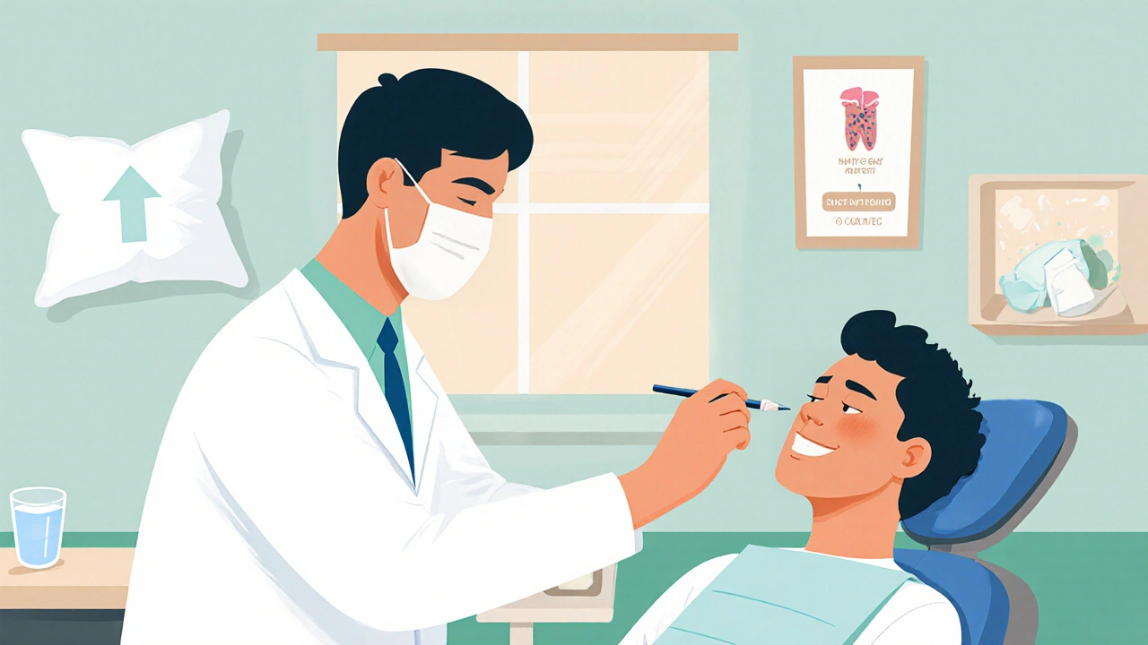 Dentist applying fluoride varnish while patient receives oral‑care advice.