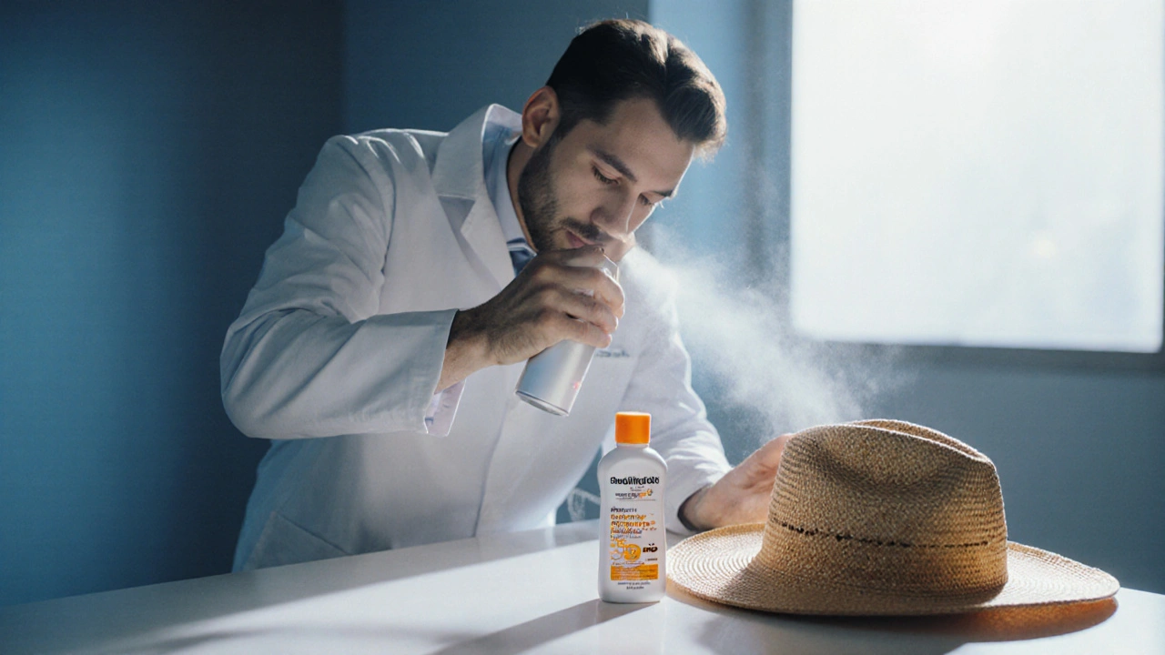 Dermatologist applying liquid nitrogen to a scalp lesion with sunscreen and hat nearby.