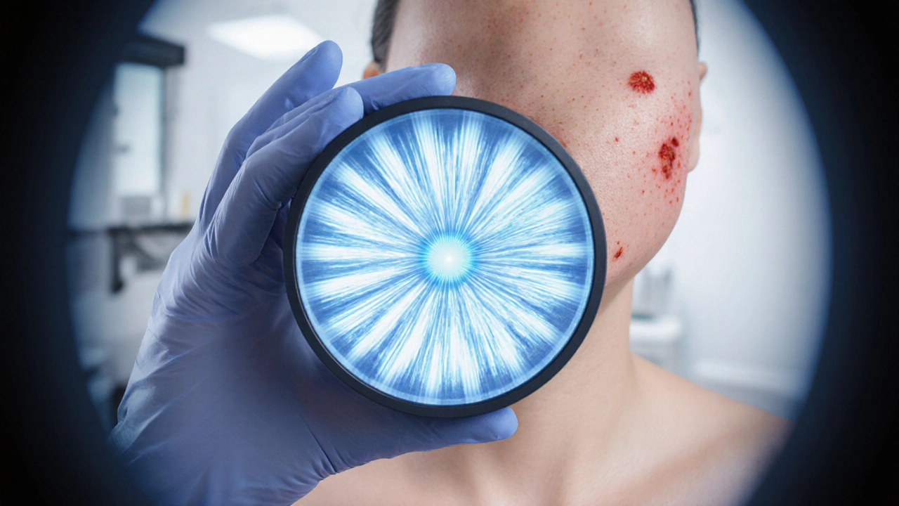 Dermatoscope view of a cheek lesion revealing a strawberry pattern of actinic keratosis.