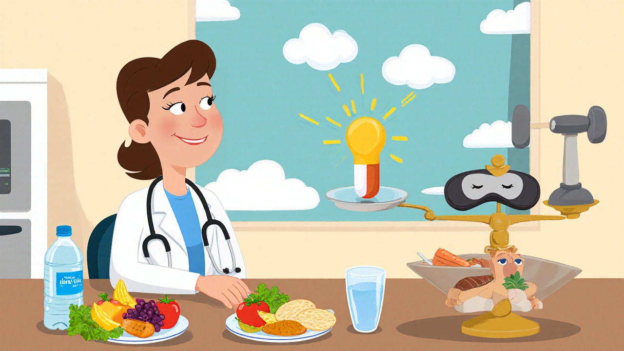 Doctor and patient at kitchen table balancing pill with exercise and healthy habits, brain lights up.