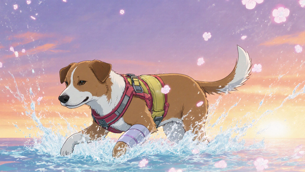 Dog receiving hydrotherapy in a bright pool with a supportive bandage.