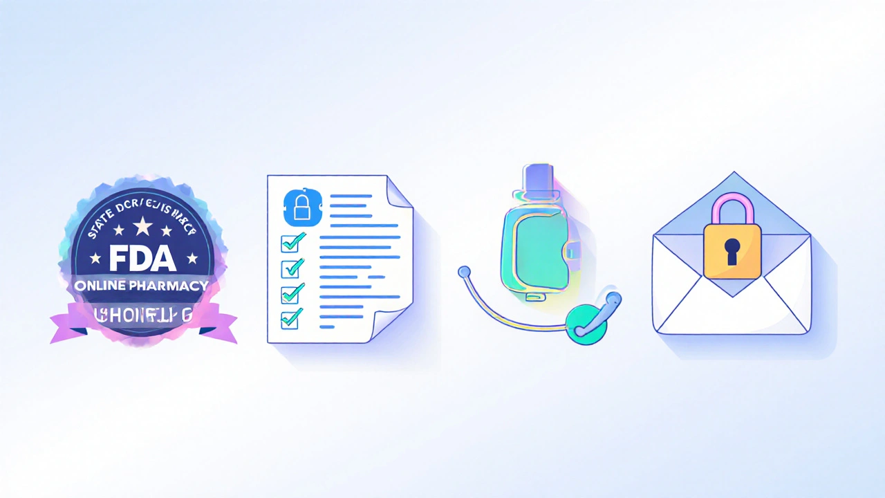 Flat illustration of icons representing pharmacy verification steps.