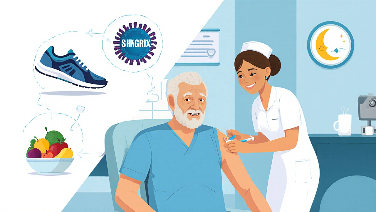 Flat illustration of older adult getting vaccine with icons of exercise and diet.