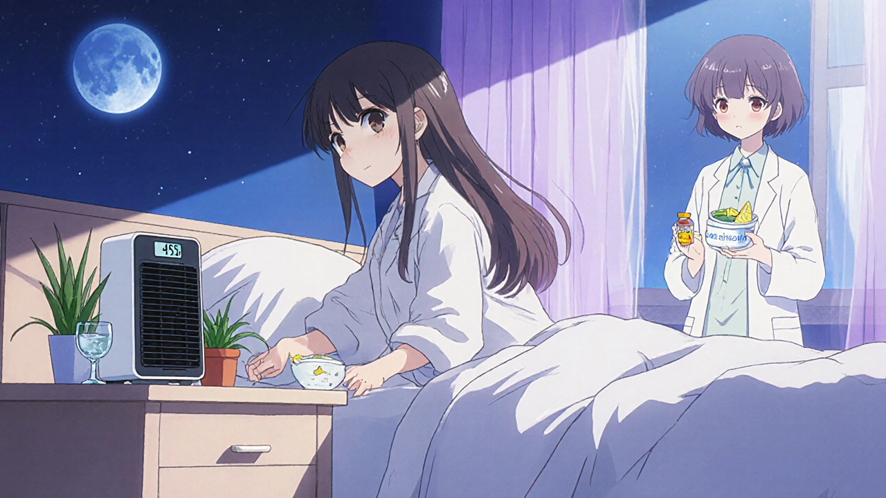 Girl's bedroom shows linen sheets, dehumidifier, probiotic foods, and a doctor offering medicine.