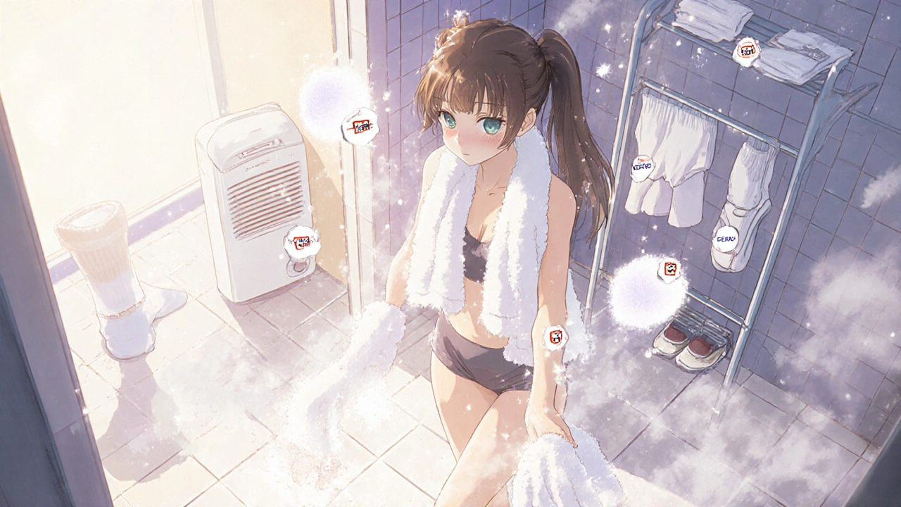 Girl drying off in a bathroom, dusted with sparkling antifungal powder, surrounded by breathable clothing.