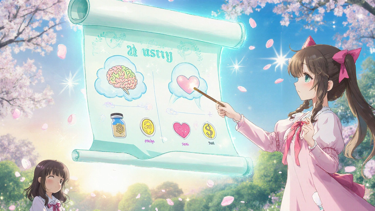 Girl examines a floating scroll with brain, heart, and skin icons surrounded by coins and shields.