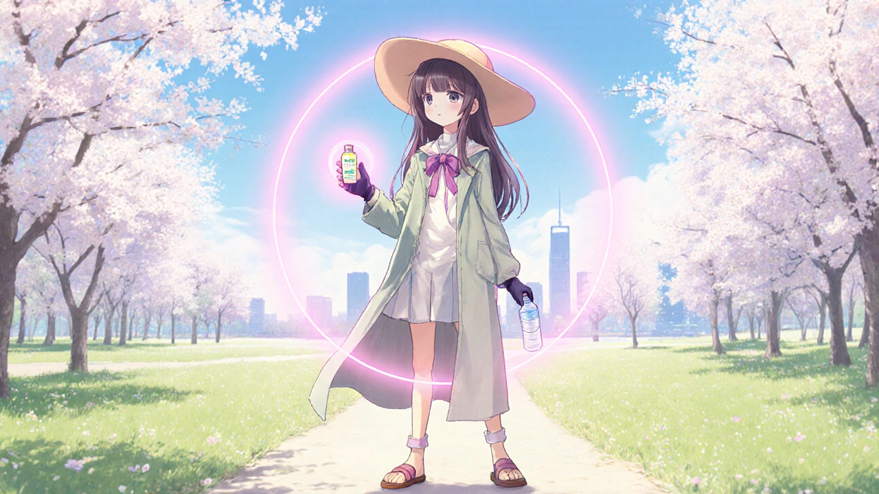 Girl in protective clothing applying cream, surrounded by a glowing aura in a clean park.