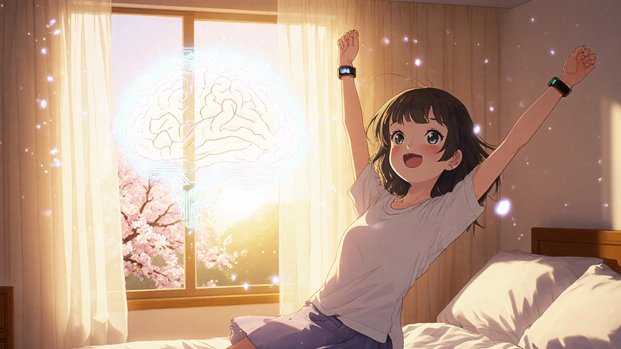 Girl waking up smiling in sunrise, with a glowing brain icon representing refreshed REM sleep.