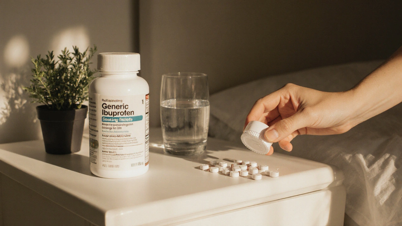 Hand placing a generic ibuprofen bottle on a nightstand with water.