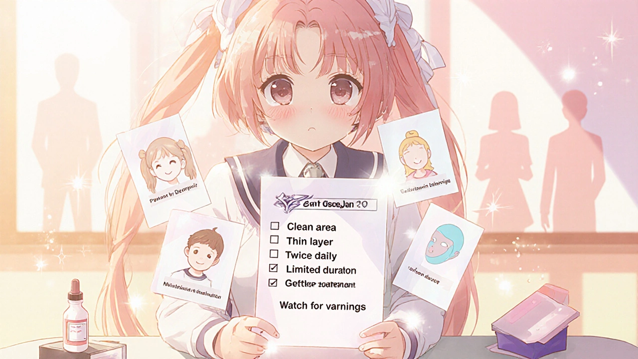 Heroine at a desk with pastel checklist and subtle icons for children, pregnancy, facial use, and alternatives.