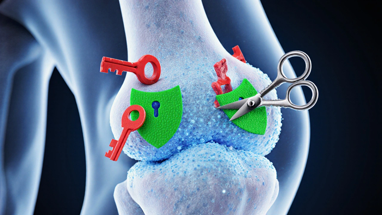 Illustrated knee joint cross-section showing diacerein blocking IL‑1 receptors to protect cartilage.