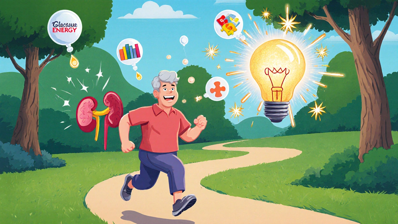 Jogger runs as kidney releases glucose balloons to a glowing brain showing focus.