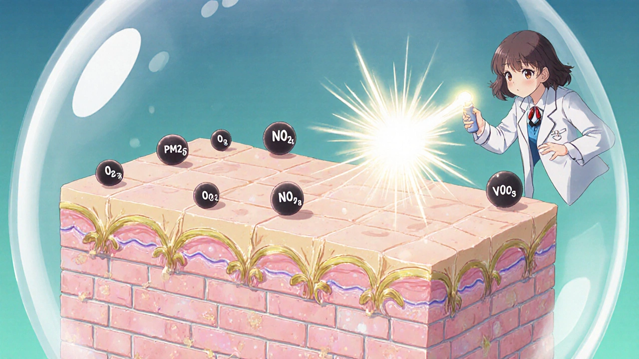 Microscopic skin barrier as a brick wall being protected from pollutants by a magical cream.