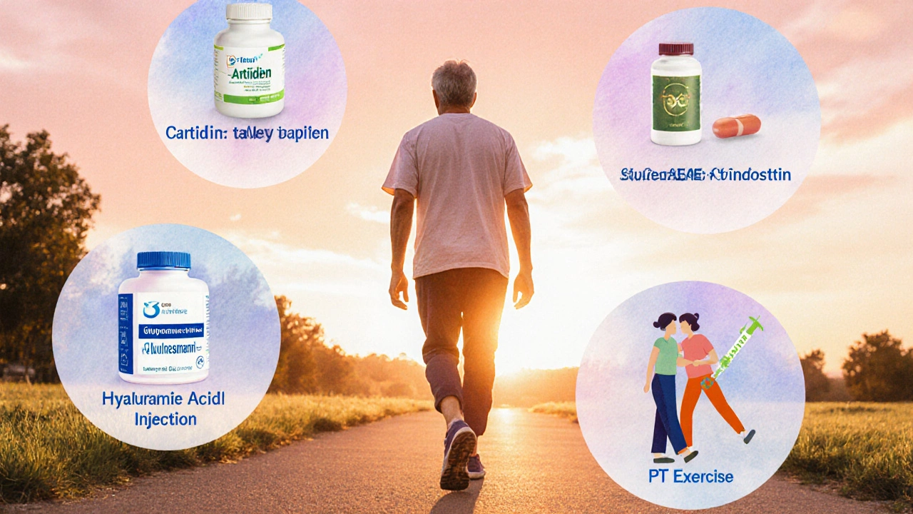 Middle‑aged person walking in park with floating icons of Cartidin, NSAIDs, supplements, injections, and physical therapy.
