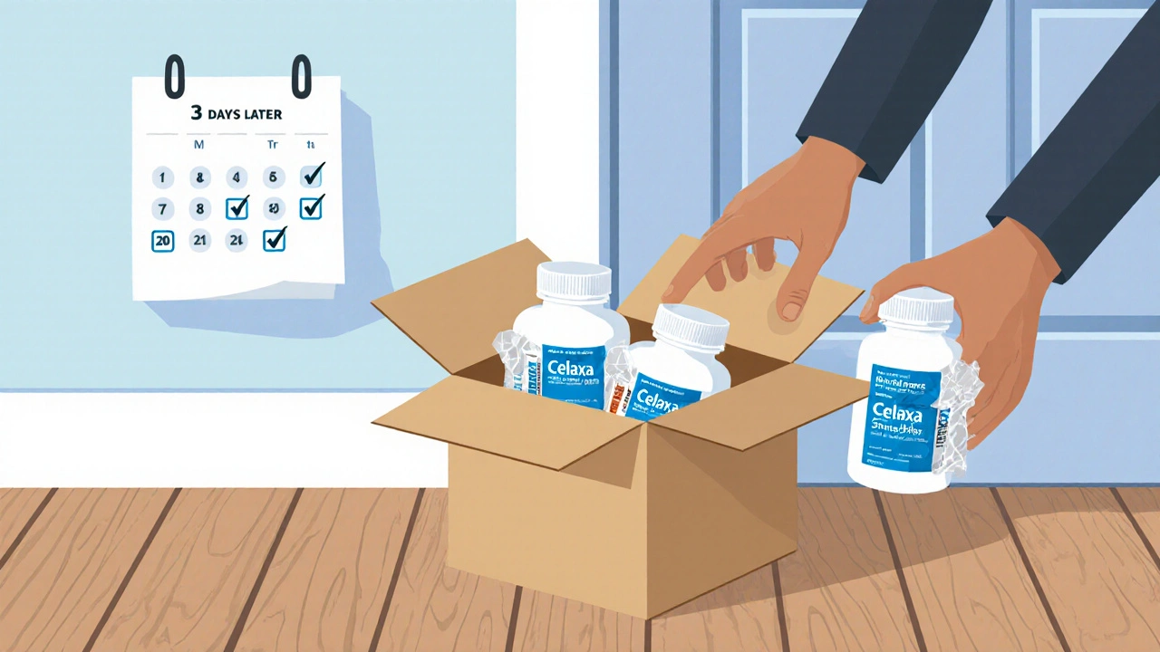 Opened delivery box showing sealed generic Celexa bottles and a hand inspecting the seal.