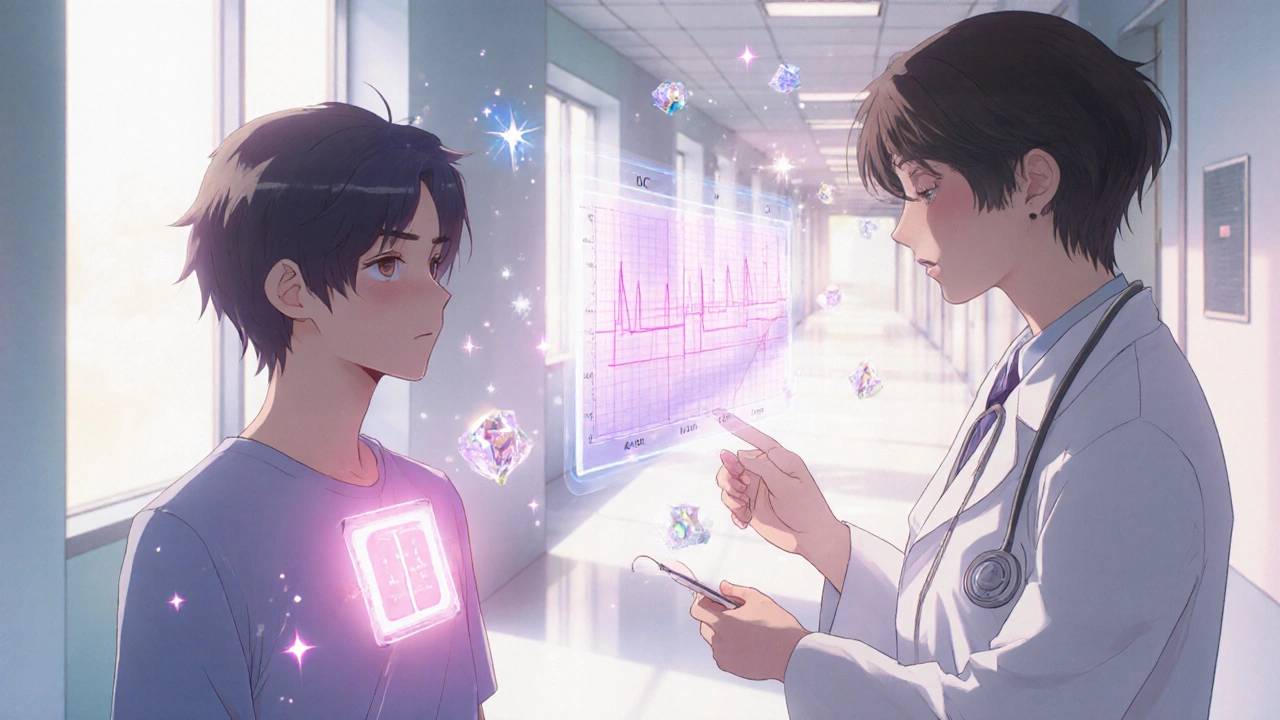 Patient wearing a glowing ECG patch, doctor reviewing holographic QTc chart with electrolyte crystals.