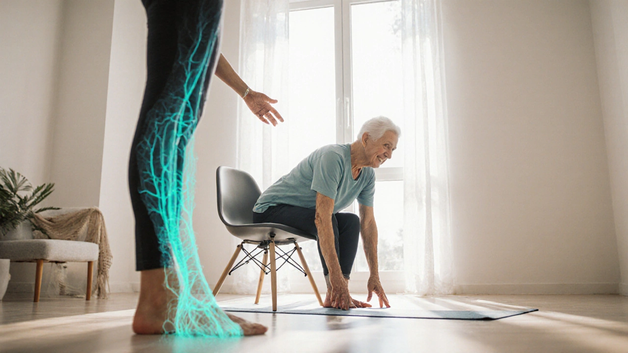 Senior adult seated in chair doing a forward bend, sunlight streaming, veins subtly glowing.