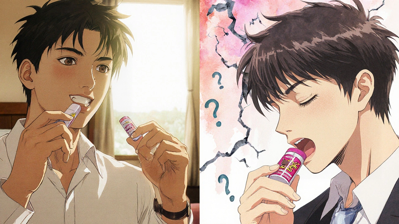 Split scene showing separate pills versus a combo pill, with contrasting light and shadow symbolizing safety and risk.