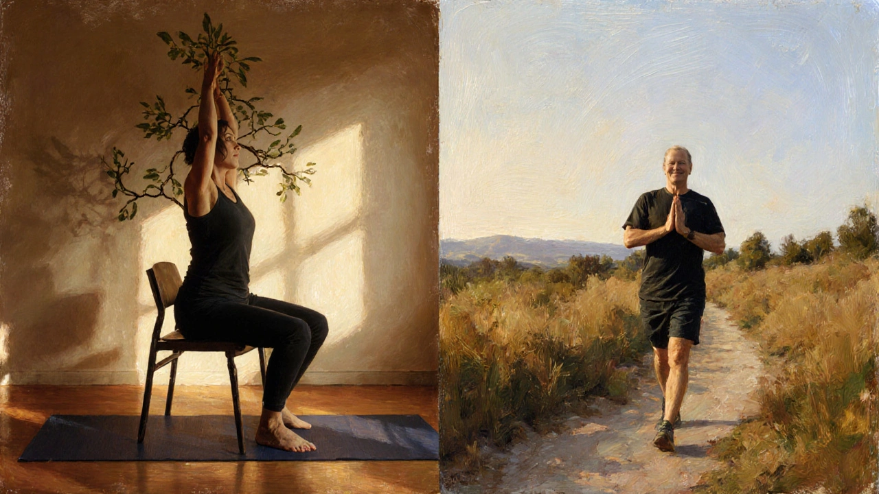 Split scene: yoga pose on left, confident walking on trail on right, oil painting style.