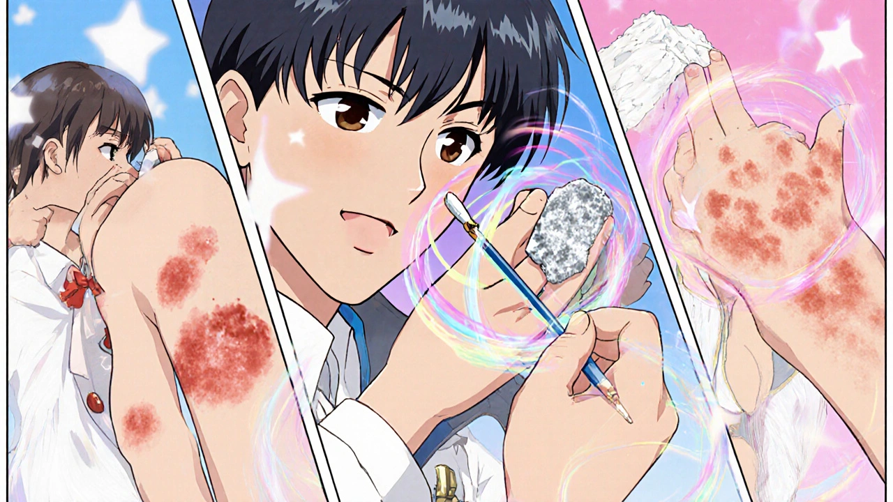 Three characters with skin conditions improve as the heroine applies cream, showing before and after.