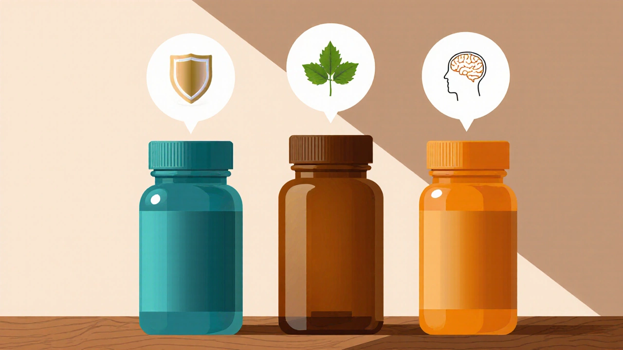 Three supplement bottles with icons for immunity, stress relief, and joint health displayed above them.