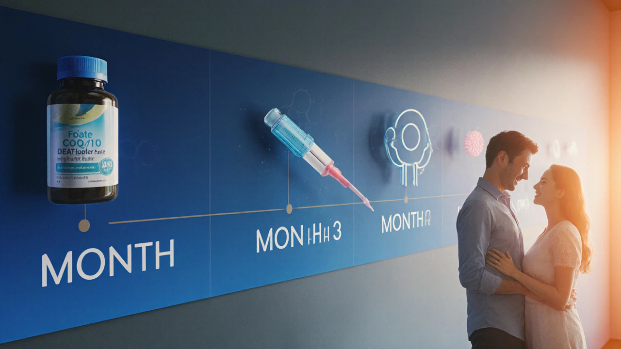 Timeline showing supplements leading to IVF and positive pregnancy test.