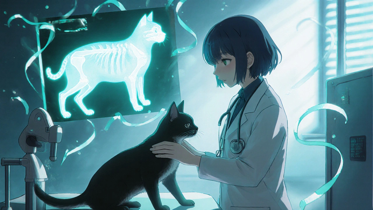 Veterinarian examining a cat's leg beside an X‑ray of a bone fracture.