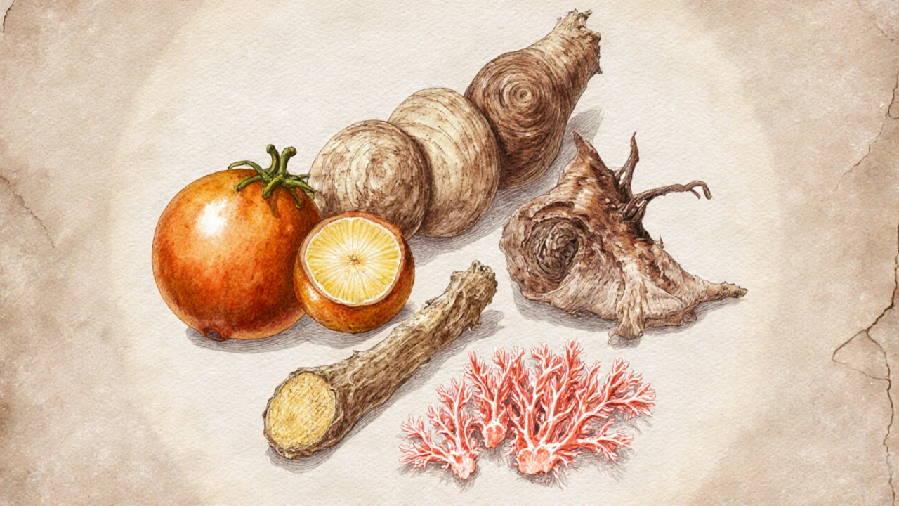 Watercolor illustration of Indian gooseberry, sarsaparilla root, Lodh bark, and red coral calcium.