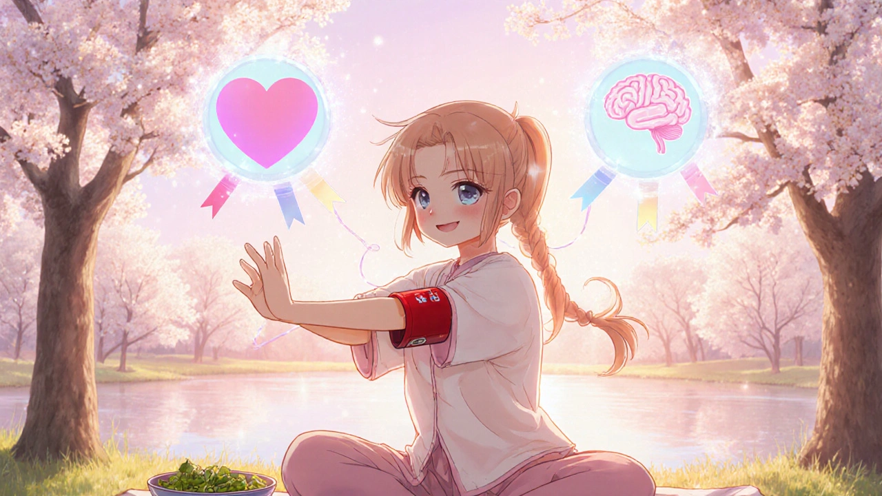 Woman exercising outdoors with a blood pressure cuff, salad, and glowing heart and brain icons.