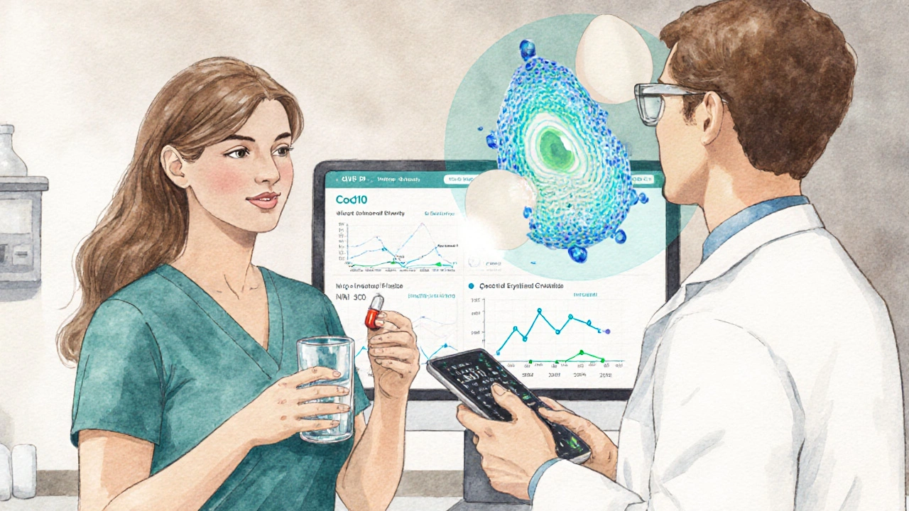 Woman with PCOS holding myo‑inositol capsule beside lab display of healthy egg.