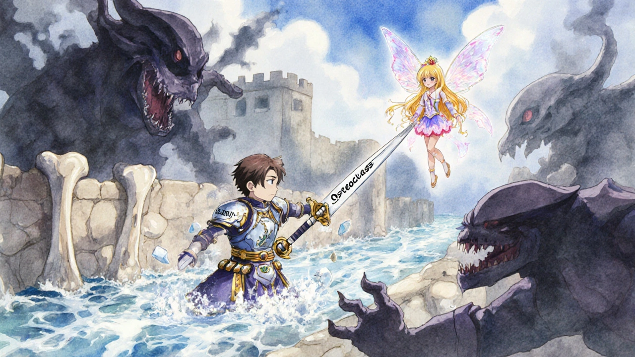 A bone warrior fights osteoclasts with calcium sword as a vitamin D fairy guides nutrient flow through bones.