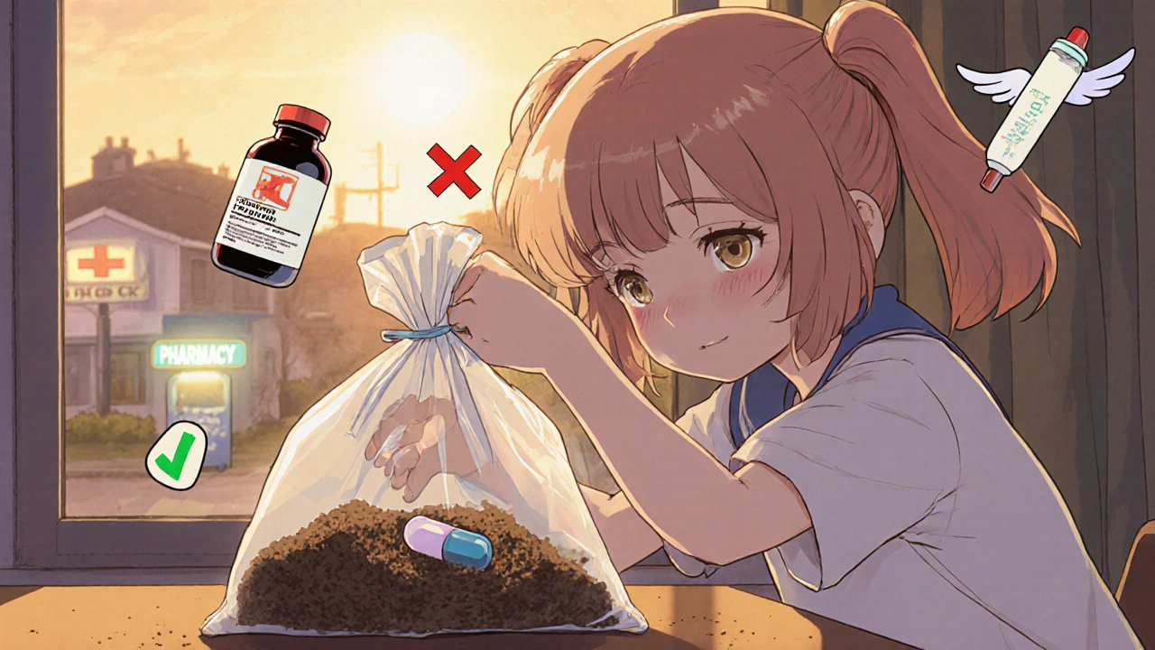 A child disposing of expired meds in a sealed bag, with floating icons showing which are safe or dangerous.