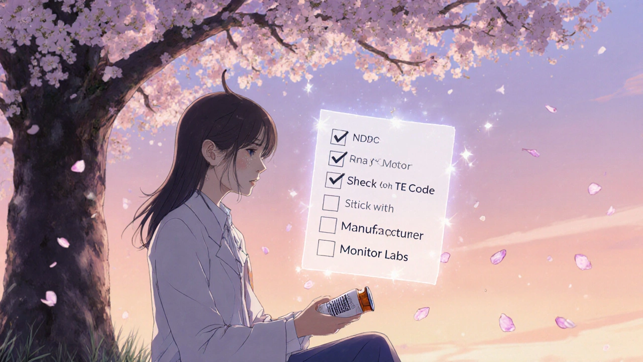 A doctor and patient under cherry blossoms with a glowing NDC code and floating health checklist.