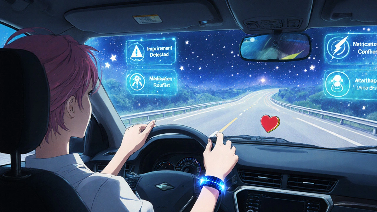 A driver wears a glowing wristband as holographic alerts appear in their cab, symbolizing real-time monitoring.
