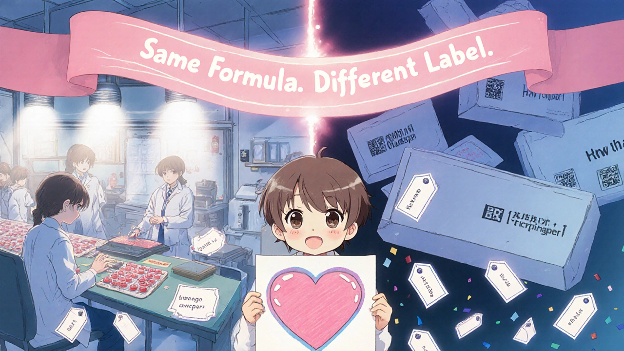 A factory and packaging line are connected by a glowing ribbon, showing identical pills in different boxes.