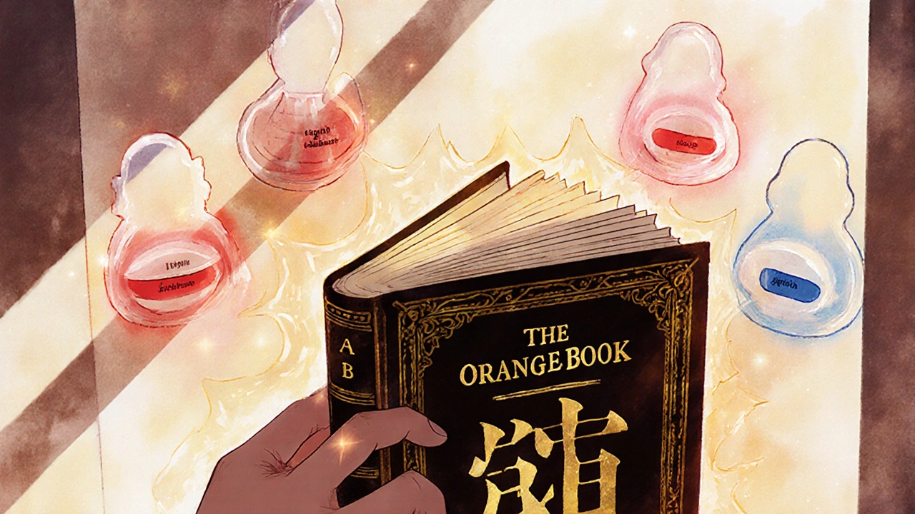 A hand opening a glowing book with shimmering FDA therapeutic equivalence codes floating around it.