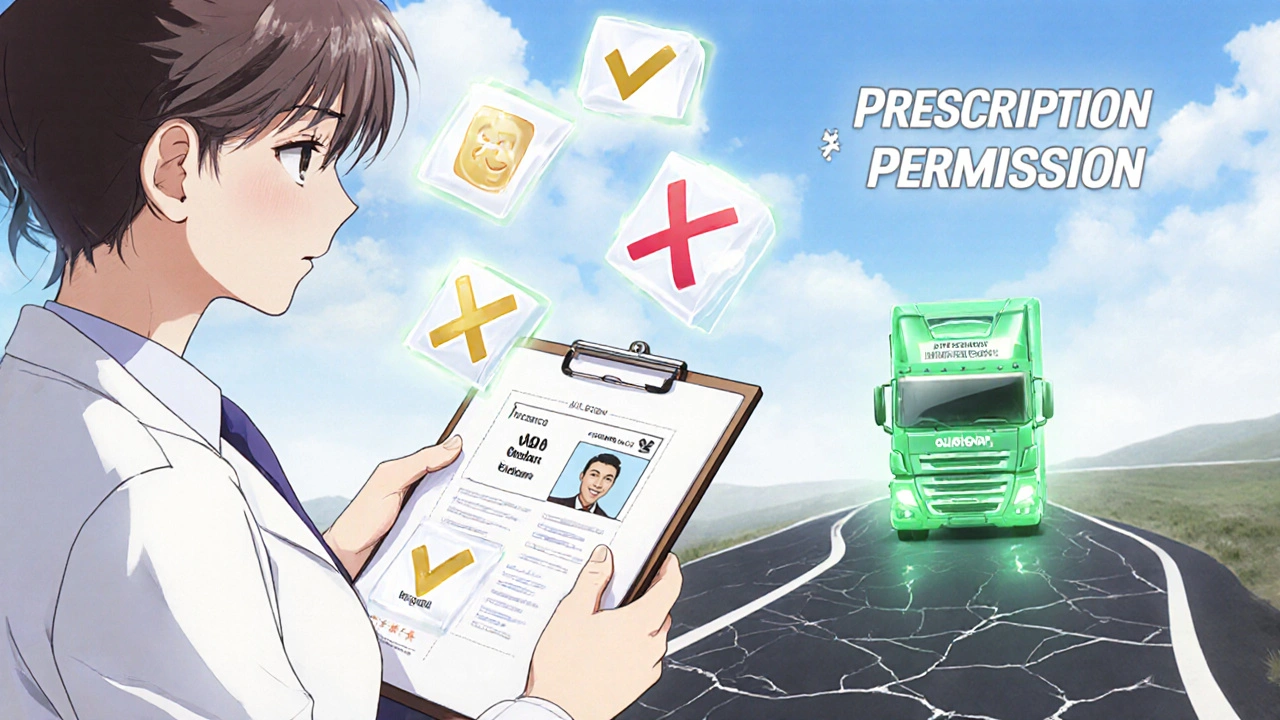 A medical examiner reviews floating medication icons with glowing checkmarks and Xs in soft pastel tones.