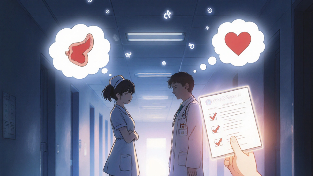 A nurse and doctor in a hospital hallway, their thoughts visualized as floating symbols being gently redirected.