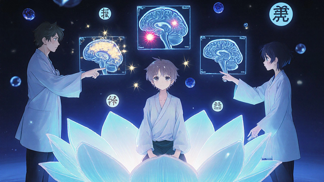 A patient in a lotus-shaped MRI machine watched by floating radiologists, with glowing brain details in a neon-lit scene.