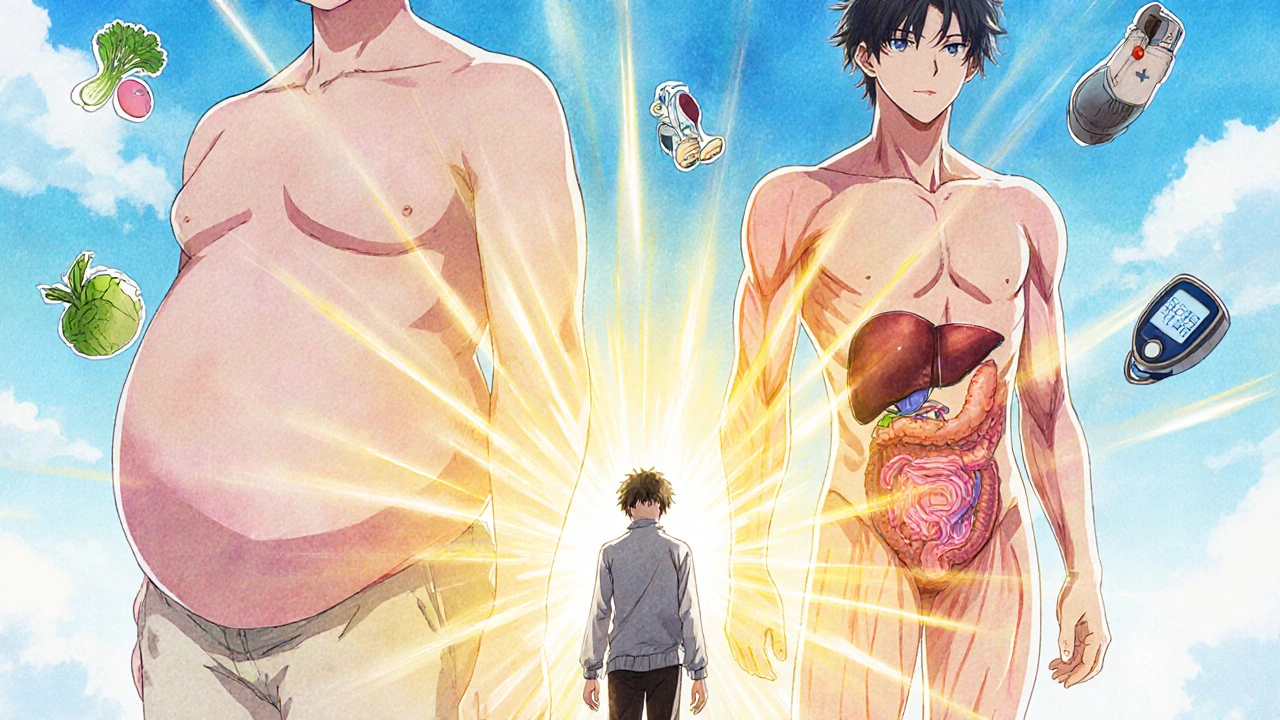 A person between two body versions—unhealthy and healthy—with food and exercise icons floating around them.