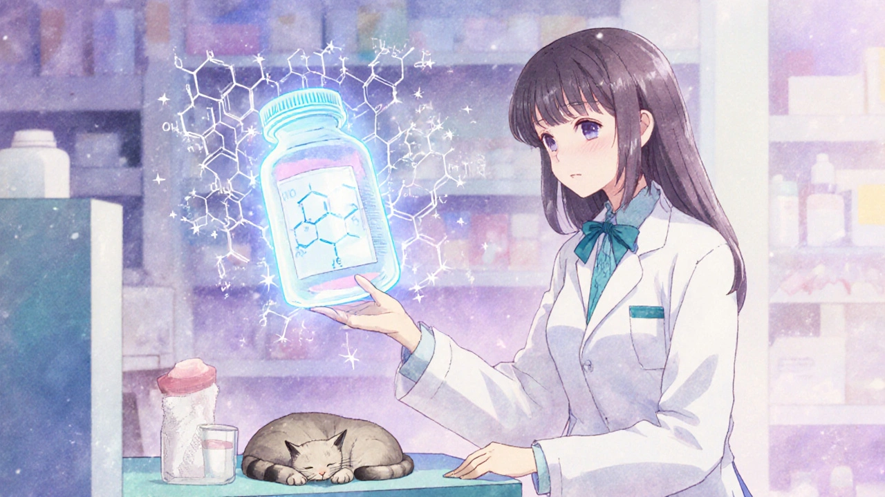 A pharmacist hands a plain pill bottle to a customer while a glowing chemical structure hovers nearby.